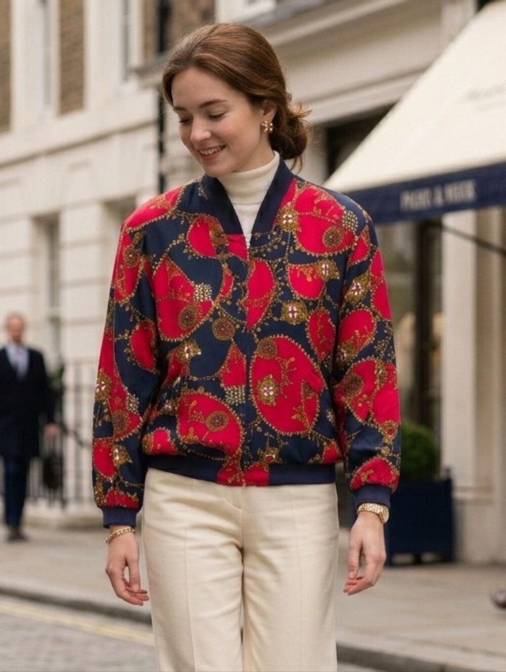 August Silk M Vintage Baroque Chain Link Silk Bomber Jacket Old Money Equestrian